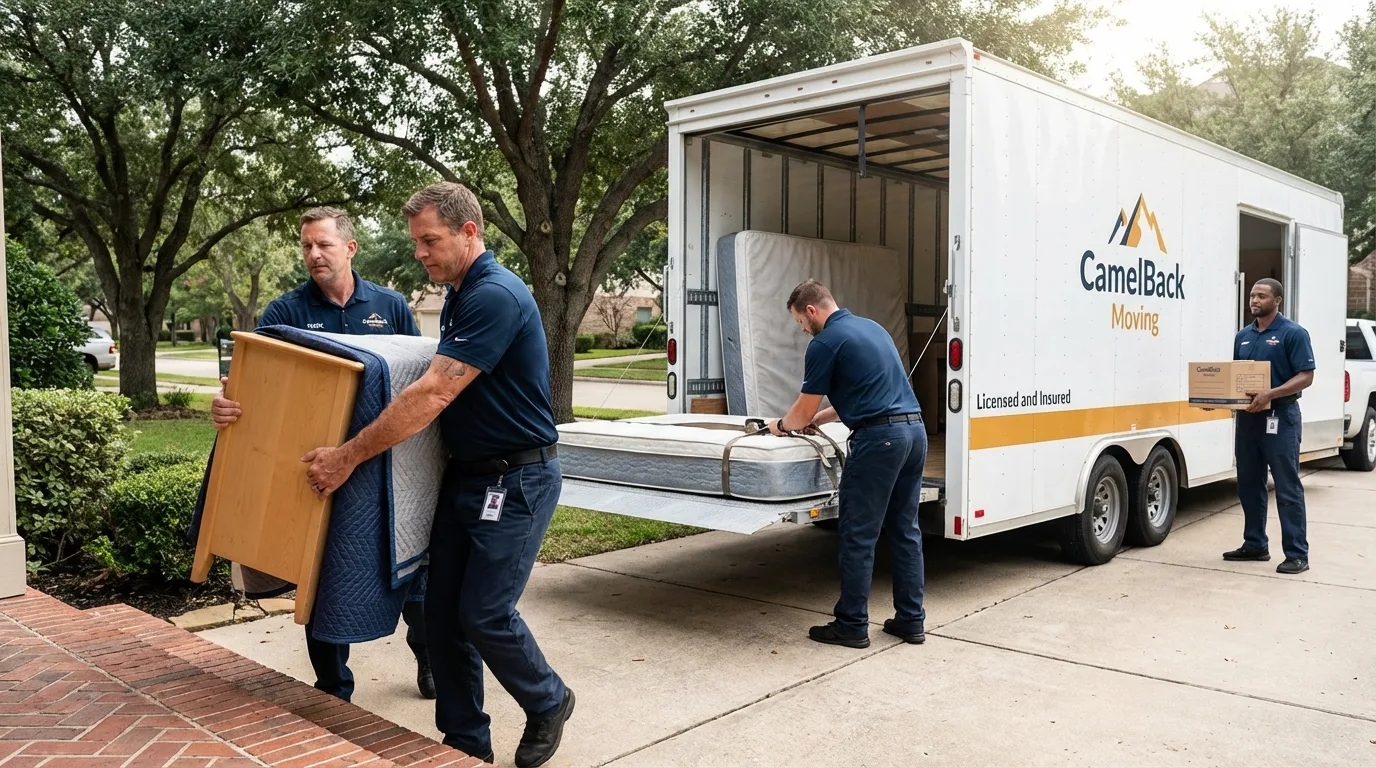 Crew loading residential truck for cross-state move from Cabazon, CA
