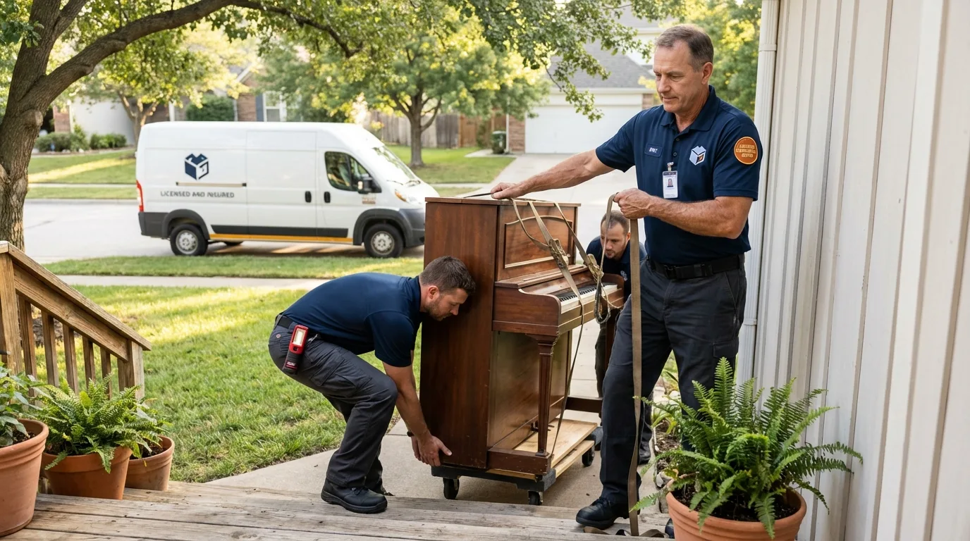 Licensed piano movers securing grand piano in Cabazon, CA