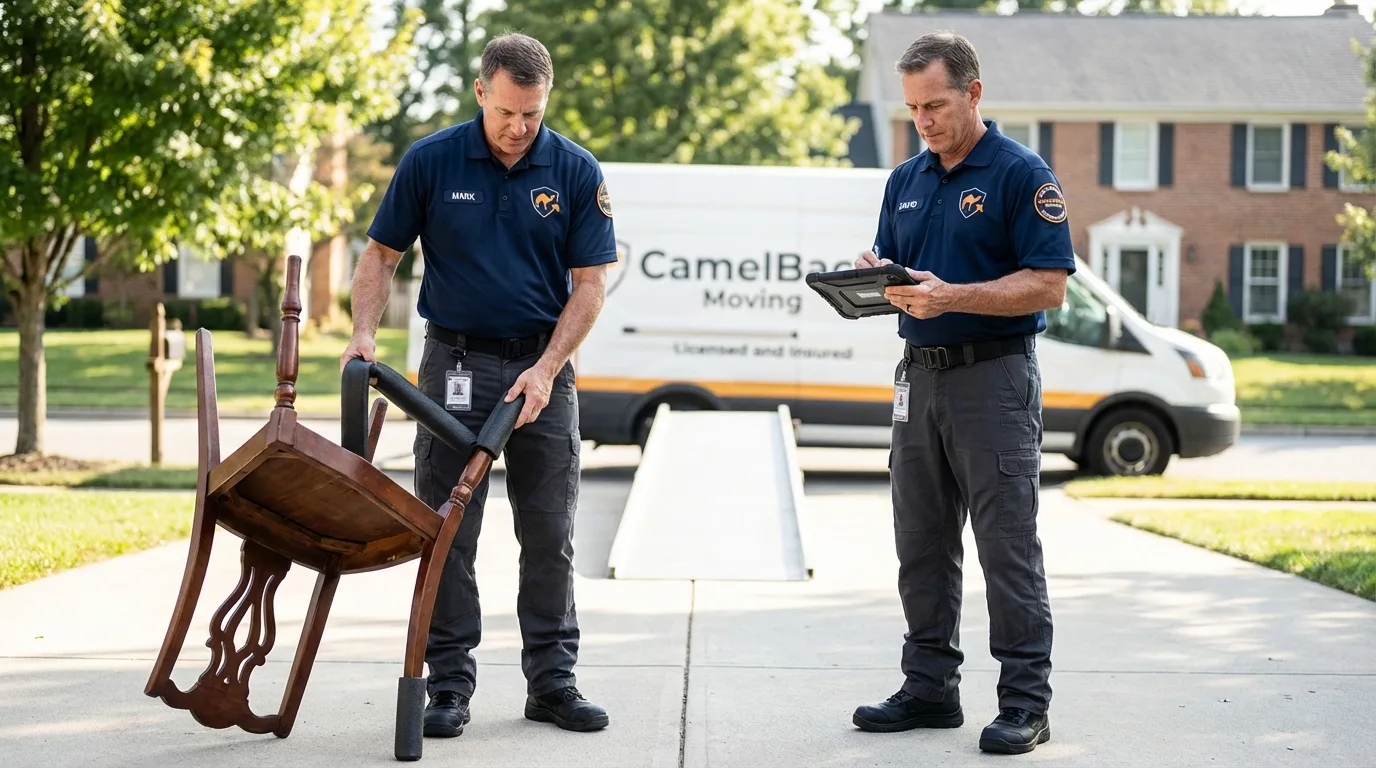 Movers inspecting furniture for damage prevention before loading in Cabazon, CA