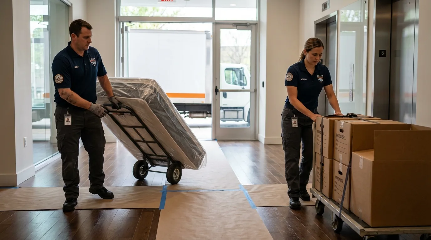Professional apartment movers loading elevator in Cabazon, CA